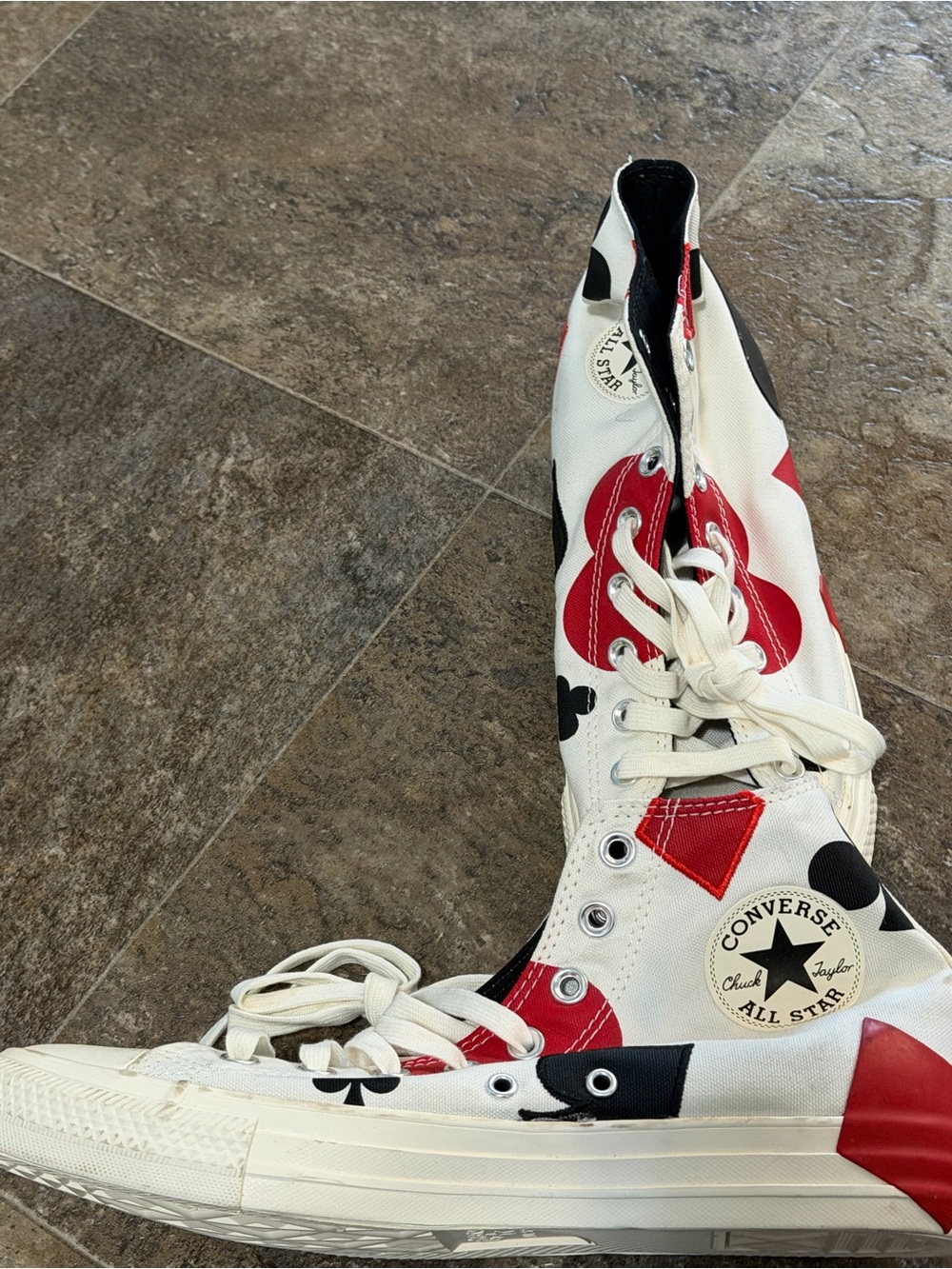 Converse High-Top Sneakers in White with Red & Black Card Suit Graphics